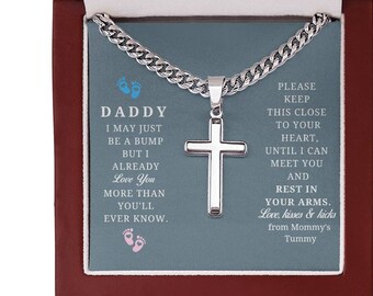 Personalized Daddy To Be Necklace Gift Love From Unborn Baby Bump, Cuban Link Chain with Cross Present, First Time Dad