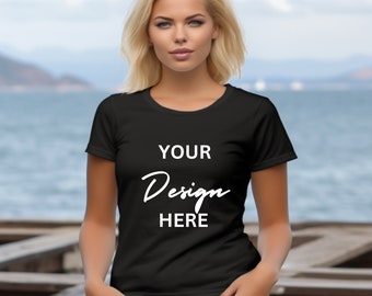 Gildan Black Tshirt Mockup Gildan 64000 Mockup Soft Style T Shirt Mock up Black Tshirt Mockup with Seaview background moonlit mockups