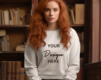 Gildan 18000 Mockup Gildan White Sweatshirt Mockup Sweatshirt Model Mockup White Simple Mockup Red haired Model Library Background