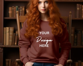Gildan 18000 Maroon Gildan Maroon Sweatshirt Mockup Sweatshirt Model Mockup Maroon Simple Mockup Red haired Model sitting Library Background