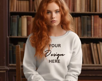 Gildan 18000 Mockup Gildan White Sweatshirt Mockup Sweatshirt Model Mockup White Simple Mockup Red haired Model sitting Library Background