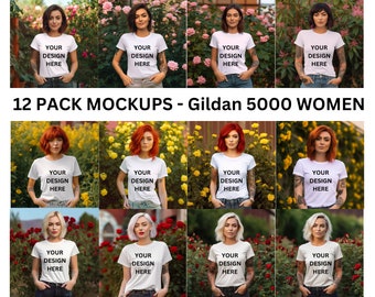 Gildan 5000 Women's White T-shirt Mockup Bundle Tattooed Model Mockup Womens Shirt Mockup White Tshirt Mockup for Women With Roses
