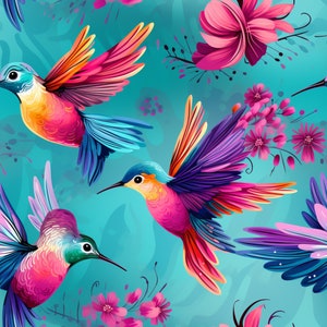 Op de afbeelding: Drie kleurrijke kolibries met roze, blauwe en groene veren vliegen tegen een turquoise achtergrond met roze bloemen.