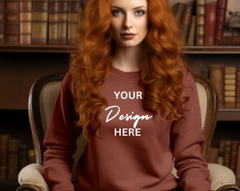Gildan 18000 Maroon  Sweatshirt Mockup Sweatshirt Model Mockup Simple Mockup Red haired pre-raphaelite Model sitting Library Background