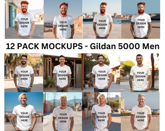 Gildan 5000 Men's White T-shirt Mockup Bundle Tattooed Model Mockup Mens Shirt Mockup White Tshirt Mockup for Men Sunny Outdoors