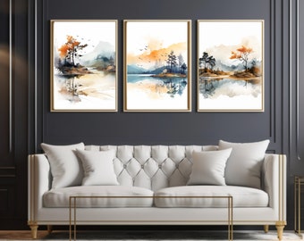 Set of 3 Prints DIGITAL Prints  Farmhouse Prints  Scenery Prints Landscape Poster Prints Line Art wildflower wall art digital download