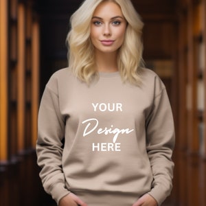 Gildan 18000 Mockup Gildan Sand Sweatshirt Mockup Sweatshirt Model Mockup Sand Simple Mockup Blonde Model Library Background