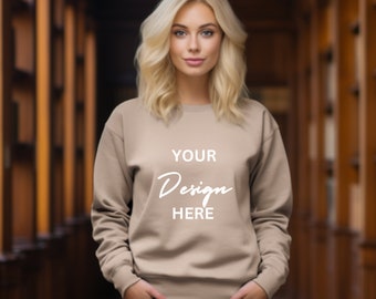 Gildan 18000 Mockup Gildan Sand Sweatshirt Mockup Sweatshirt Model Mockup Sand Simple Mockup Blonde Model Library Background