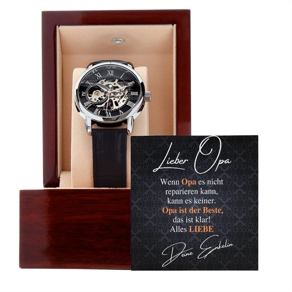 Opa Geburtstags oder Opa Vatertagsgeschenk - Luxus Openwork Herrenuhr mit Lederband in Geschenk Box - Tolle Geschenkidee für Opa