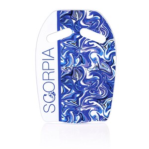 May include: A white and blue swim board with the word "SCORPIA" printed vertically in blue. The right side of the board features a blue, white, and purple marbled pattern. The board has two hand cutouts for grip.