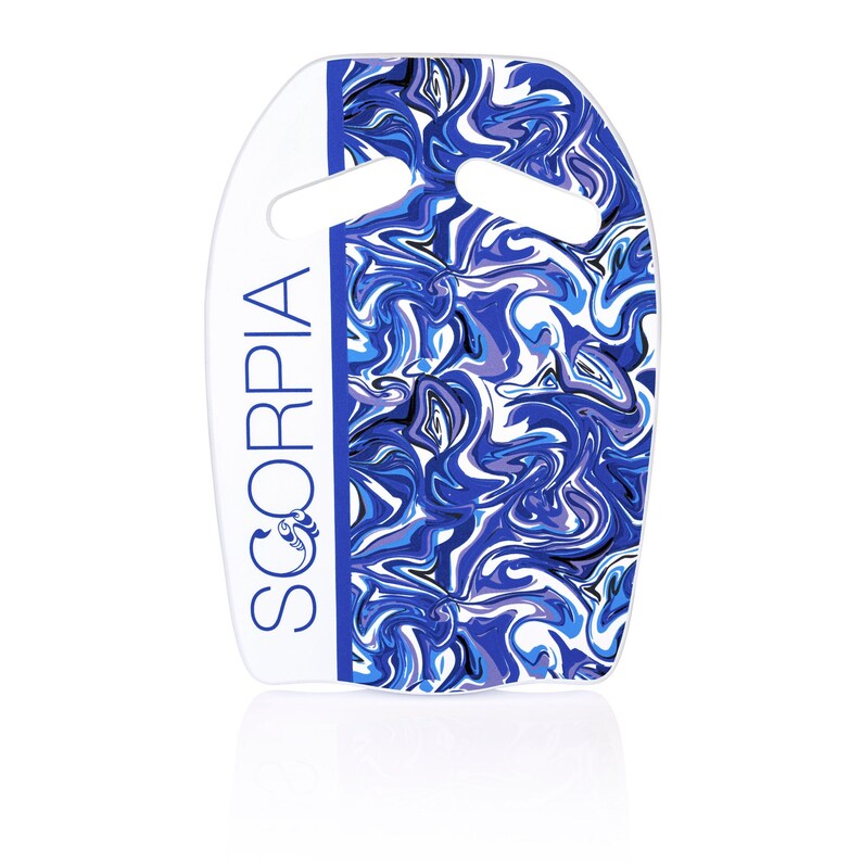 May include: A white and blue swim board with the word "SCORPIA" printed vertically in blue. The right side of the board features a blue, white, and purple marbled pattern. The board has two hand cutouts for grip.