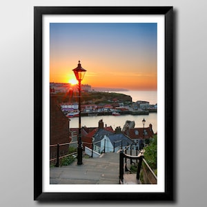 Whitby Gifts, 199 Steps Framed Print, Sunset North Yorkshire Coast, Wall Art, Poster. North East. Harbour, Marina. Landscape Photography.