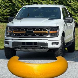 May include: A white pickup truck with black detailing and orange grille accents is parked on a paved surface. The truck has black tyres and a black front bumper. Green foliage forms the background.