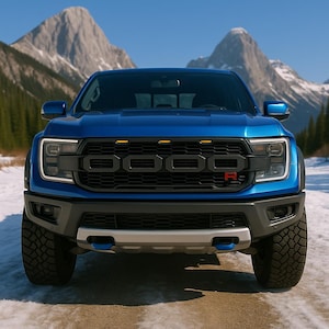 May include: A blue Ford Raptor truck, viewed from the front, features a black grille with a red "R". The truck has large tyres and is parked on a dirt track, with mountains in the background. The sky is clear and blue.