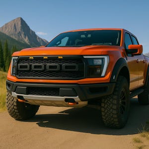 Puede incluir: Una camioneta naranja con detalles negros y neumáticos todoterreno grandes está estacionada en un camino de tierra. La camioneta tiene una parrilla negra con la palabra "FORD" sutilmente integrada. Una montaña y cielo azul en el fondo.