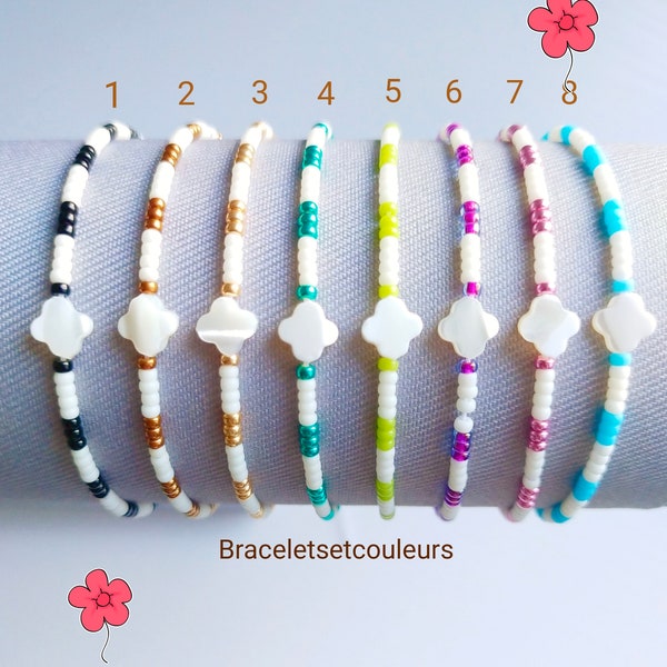 Bracelets faits main couleur(s) au choix, en perles Miyuki et petites perles trèfles de nacre, ajustable.