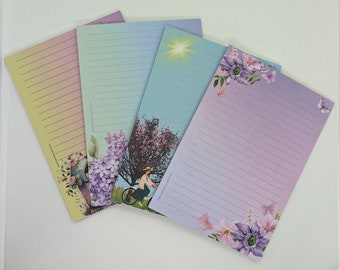 Set of 4 x spring stationery blocks A5, printed on both sides and lined, notepad, writing pad, letter pad, stationery set