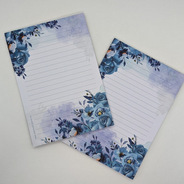 Writing paper block A5 printed and lined on both sides "Blue Flowers", motif paper, notepad, letter pad, DIN A5
