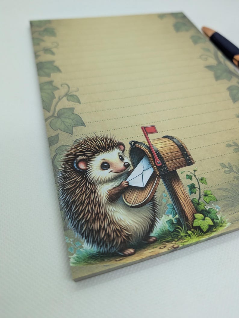 May include: A lined notepad with a whimsical illustration of a hedgehog delivering mail. The hedgehog is depicted with brown and tan quills, holding a letter at a wooden mailbox. The notepad has a vintage, rustic aesthetic with green leaf accents.
