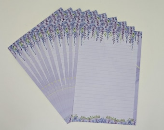 Papier à lettres A5, motif « Glycine », imprimé et ligné recto verso, disponible en paquets de 10 et 20 feuilles, format DIN A5, papier à lettres, papier à écrire, fleurs