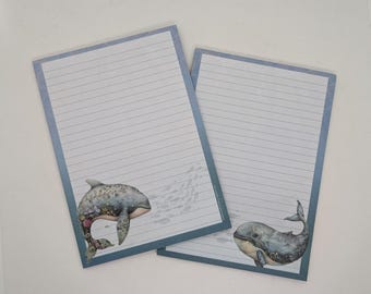 Blocco note A5, stampato e a righe su entrambi i lati, "Balena", blocco note, blocco per appunti, DIN A5, cancelleria, animali, sott'acqua, oceano, mare