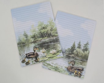 Blok papierniczy A5, zadrukowany i w linie po obu stronach, wzór „Kaczki”, notatnik, bloczek do pisania, DIN A5, artykuły papiernicze, zwierzęta, wiosna, lato