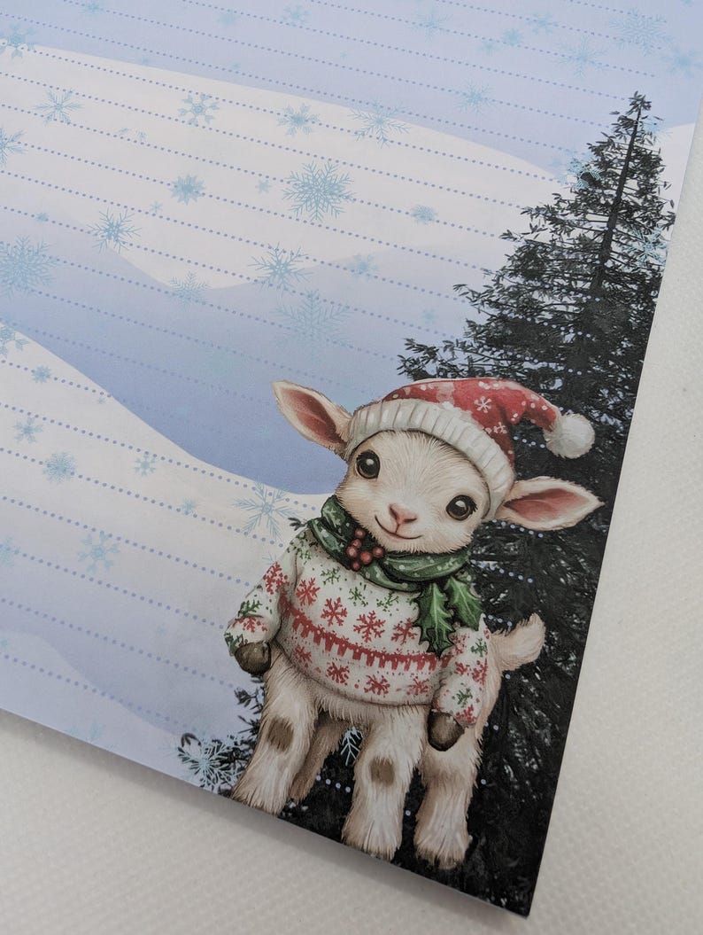 May include: A whimsical illustration of a lamb wearing a red and white Christmas hat and sweater with snowflakes. The lamb is also wearing a green scarf with holly berries. The background features a snowy landscape and a tall evergreen tree.