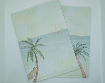 Blocco note formato A4, stampato e a righe su entrambi i lati, "Palm Beach", 50 fogli per blocco, carta fantasia, blocco note, blocco per lettere, DIN A4, estate