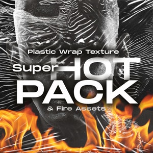May include: A close-up of a plastic wrap texture with a fiery orange and yellow background. The text "Super HOT PACK & Fire Assets" is printed in white on the plastic wrap.