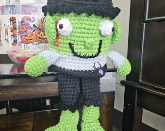 Crochet Frankenstein Plushie bucket head.Handmade Halloween Decor. The latest in trick or treat bags.