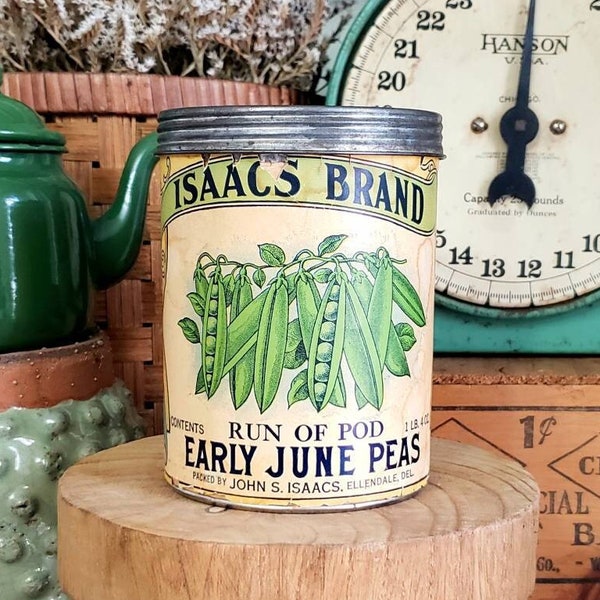 Antique 1920s Isaacs Brand Early June Peas Tin Box, Run of Pod Early June Peas Tin