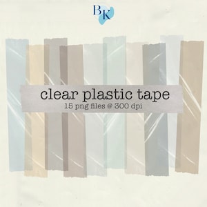 May include: A set of 15 transparent plastic tape strips with a textured, slightly cloudy appearance. The tape strips are arranged in a row, with each strip having a different shade of beige, gray, or blue. The text "clear plastic tape" and "15 png files @ 300 dpi" is printed on a gray background.