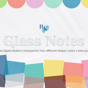 Könnte beinhalten: Digitale Sticker mit dem Titel "Glass Notes" mit einer Vielzahl von farbenfrohen, transparenten Formen. Das Bild enthält den Text "104 digitale Sticker | transparent | vier verschiedene Formen | 1000 x 1000 pxls".