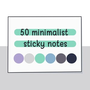 May include: A rectangular white card featuring the black text 50 minimalist sticky notes centered on two horizontal mint green bars. Below the text, six circular color swatches are arranged in a row, including light purple, light gray, mint green, light blue, dark gray, and dark navy blue.