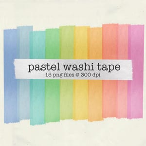 May include: A collection of vertical strips of translucent washi tape in a rainbow of pastel colours including blue, green, yellow, orange, and pink. A white rectangular label across the centre displays the text pastel washi tape 15 png files @ 300 dpi.