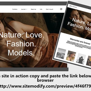 Könnte beinhalten: Ein Screenshot einer Website, die ein Portfolio mit Fotografien zeigt. Die Website zeigt eine Frau, die auf dem Boden liegt, mit dem Text "Nature. Love. Fashion. Models." Die Website zeigt auch einen Abschnitt mit dem Titel "Memories are forever" mit vier kleineren Bildern.