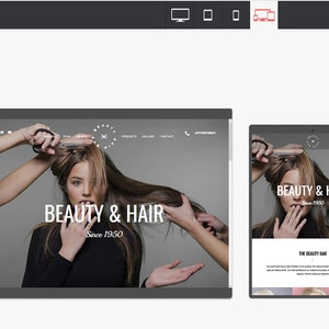 May include: A website design for a beauty and hair salon. The website features a model with long hair being styled by multiple hands. The website's header includes the text "Beauty & Hair" and "Since 1950".