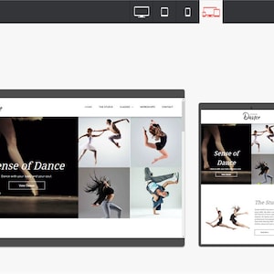 May include: Website design for a dance studio called "Studio Dance". The website features a black and white photo of a dancer with the text "Sense of Dance" and a call to action button that says "View Classes".