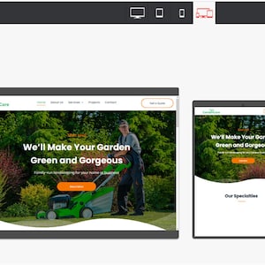 Puede incluir: Página de inicio del sitio web de GardenCare, una empresa de paisajismo. El sitio web presenta un césped verde con una persona usando una cortadora de césped y el texto "We'll Make Your Garden Green and Gorgeous".