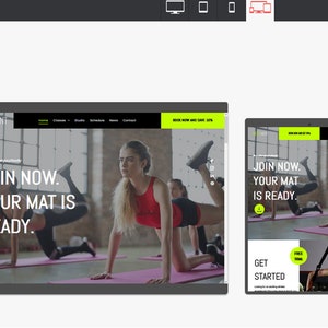 Puede incluir: Captura de pantalla de un sitio web de un estudio de fitness con el texto "JOIN NOW. YOUR MAT IS READY." y una foto de personas haciendo ejercicio en un estudio.