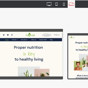 May include: Website mockup for a company called "Avocado" that promotes healthy living through proper nutrition. The website features a green and white color scheme with images of avocados and other healthy foods. The text on the website reads "Proper nutrition is key to healthy living".
