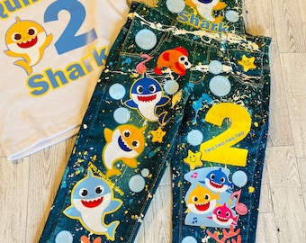 Boys custom birthday outfit 2nd birthday outfit 2 year old birthday idea kids custom shark overalls kid custom outfit boy birthday outfit