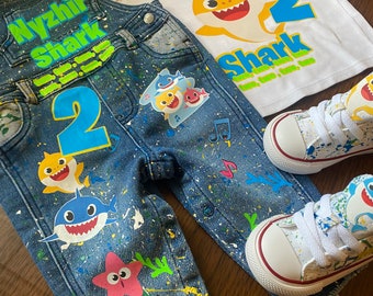 Traje de cumpleaños personalizado para niños, traje de 2o cumpleaños, idea de cumpleaños de 2 años, mono de tiburón personalizado para niños, traje personalizado para niños, traje de cumpleaños para niños