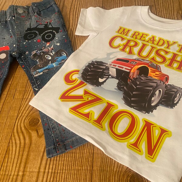 Boys custom birthday outfits boys monster truck custom overalls multiple characters available In pictures boy 2 year old outfit