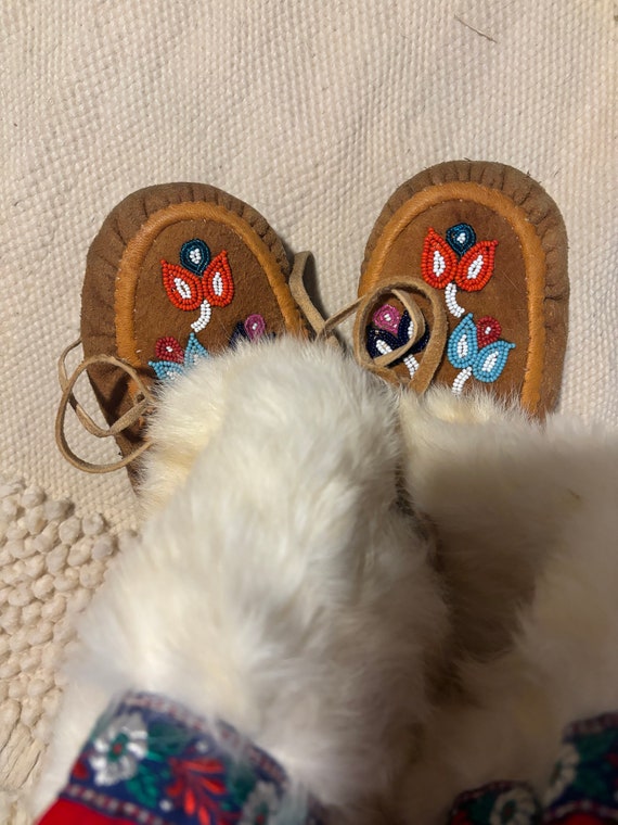 Vintage Mukluk Boots Suede Beaded Rabbit Fur Hand… - image 9