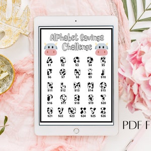 May include: A printable alphabet savings challenge chart with a cow theme. Each letter of the alphabet is represented by a cow with black and white spots. The chart is designed to help people save money by setting a savings goal for each letter of the alphabet.