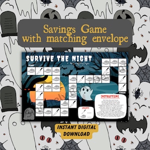 Può includere: Un gioco da tavolo a tema Halloween chiamato "Survive the Night" con un'illustrazione di un fantasma spettrale e un gatto nero. Il tabellone di gioco ha un percorso con icone di scarpe e coltelli. Le istruzioni spiegano come giocare al gioco.