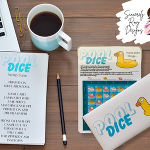 Laminated Roll the dice Savings Challenge Game Tracker with envelope l Pool Dice