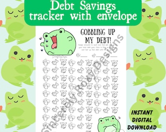 May include: A printable debt savings tracker with a frog theme. The tracker features a green frog with its mouth open, surrounded by flies. The text "GOBBLING UP MY DEBT!" is at the top of the page. The tracker includes a section for assigning amounts to each fly icon, coloring in the flies as debt is paid off, and tracking the date started and completed.