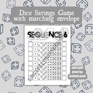 May include: Black and white printable game board with the title "SEQUENCE 6" and the words "Tally" and "Saved" printed on the board. The board is designed for a dice game.